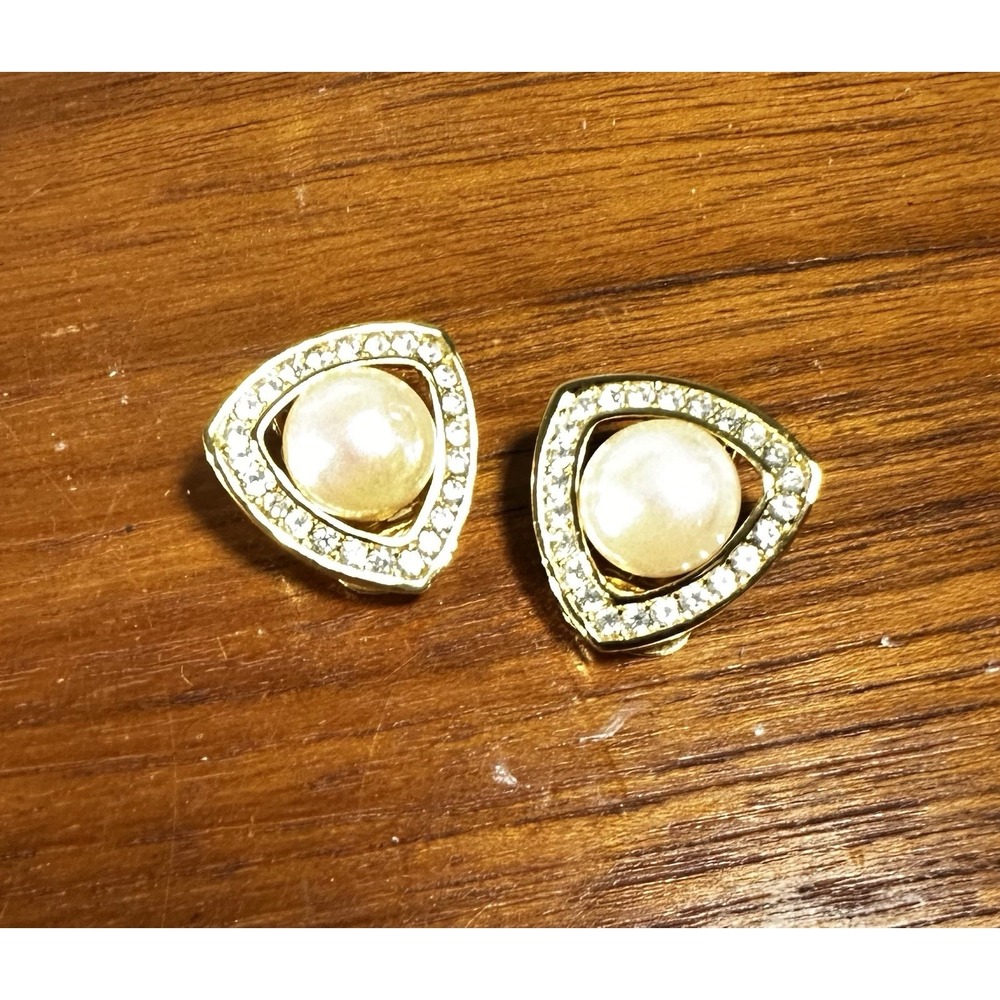Vintage Christian Dior Clip-On Earrings Faux‎ Pearl Rhinestone Gold Tone Signed